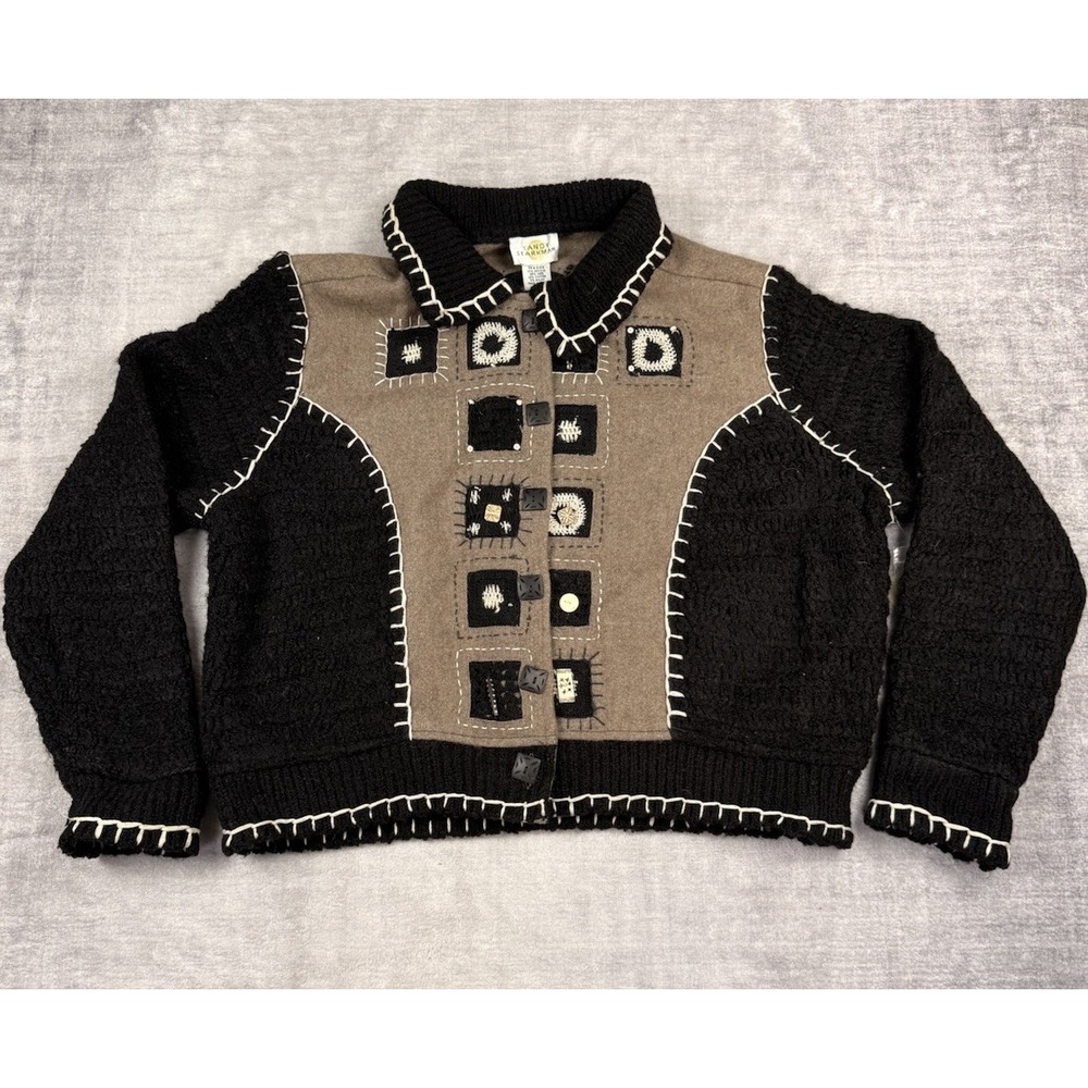 Sandy‎ Starkman Sweater Womans XL Black Cardigan Knit Patchwork Wool Acrylic